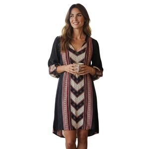 Free People Black & Burgundy Printed V-Neck Tunic